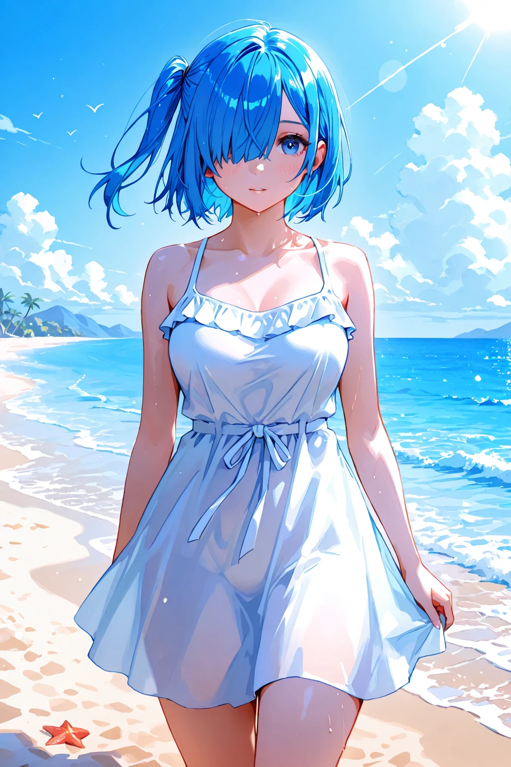 1girl, blue short hair with slight curvy ends, shiny blue eyes with a star in the middle of her eyeballs, dark blue blouse with sky blue wind patterns, denim shorts with white folds on it, cute and detailed face , turning back and facing the camera , hugging her pet Shiba while walking on a green sunny grassland