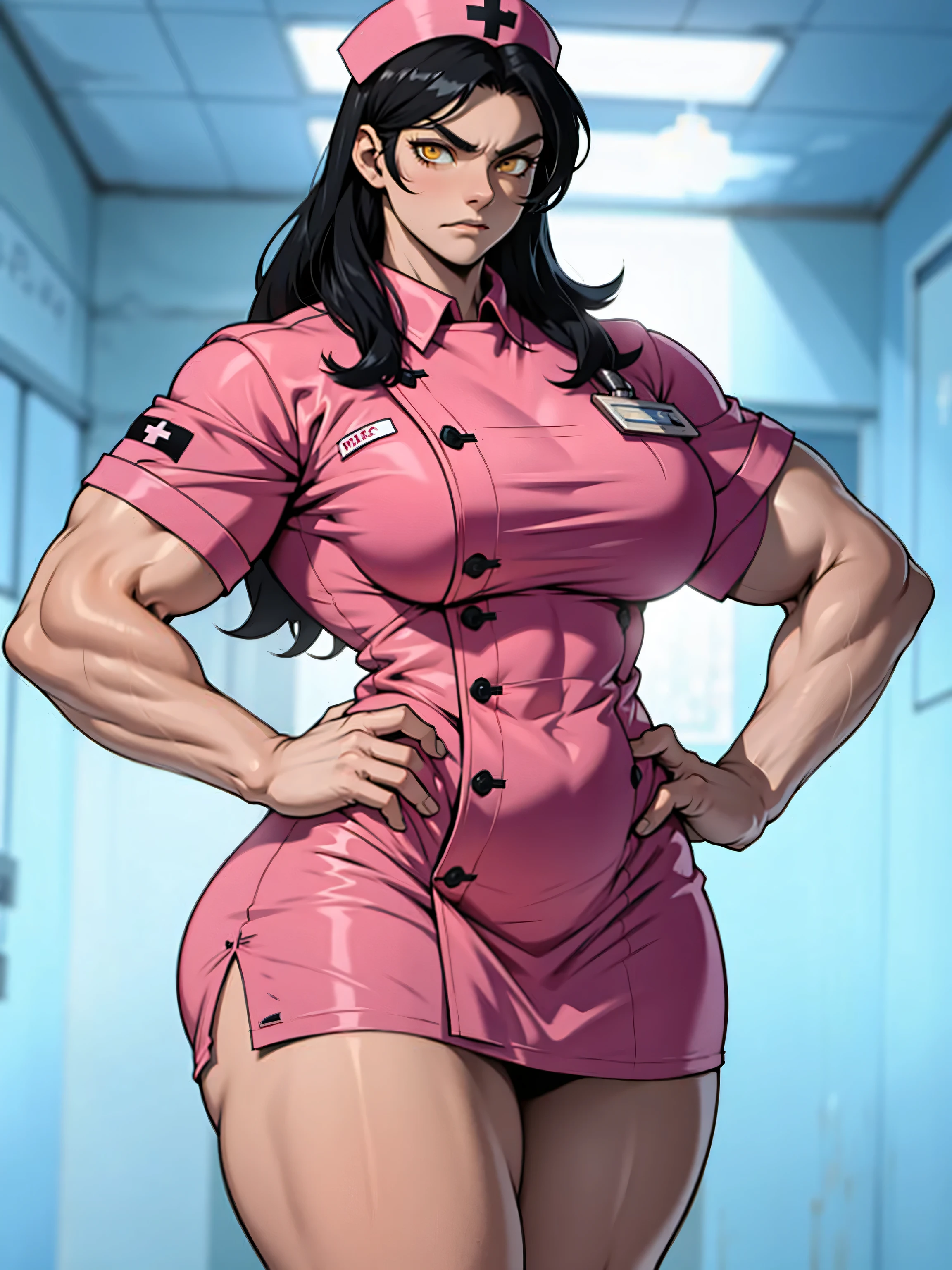 human,artstyle, best quality,illustration,1 girl, female, ,beautiful,nurse,white pantyhose,biceps,pecs, 2000s (style),muscular female, alternate muscle size,,muscular,shocked,huge muscle,torn clothes