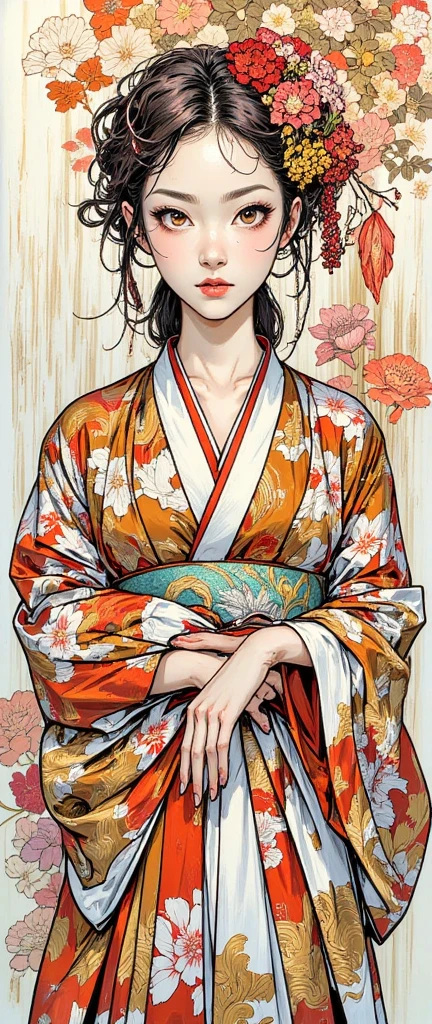 Close-up of a woman with black straight hime cut hair wearing a red and orange dress, Red kimono with flower patterns, From the Sengoku period, Long and beautiful kimono, Flowing hair and long, super shiny robes, Red kimono, Japanese Kimono, Wearing Imperial Kimono, Wearing kimono and armor, In kimono, Safety, kimono, Hakama kimono, Inspired by Fujiwara Takanobu, pale and colouRed kimono She is laid down on the futon, exposing her nipples, writhing and crying.