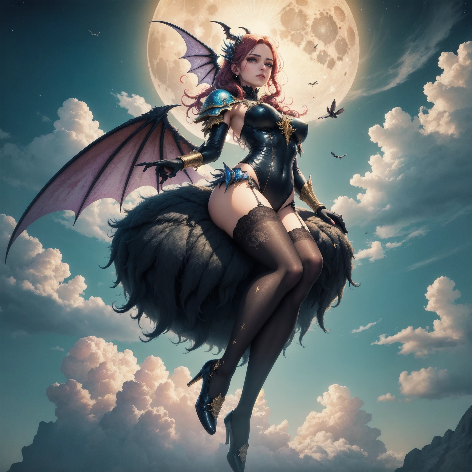 ((best quality)), ((masterpiece)), (detailed), alluring succubus, ethereal beauty, perched on a cloud, (fantasy illustration:1.3), enchanting gaze, captivating pose, delicate wings, otherworldly charm, mystical sky, (Luis Royo:1.2), (Yoshitaka Amano:1.1), moonlit night, soft colors, (detailed cloudscape:1.3), (high-resolution:1.2)