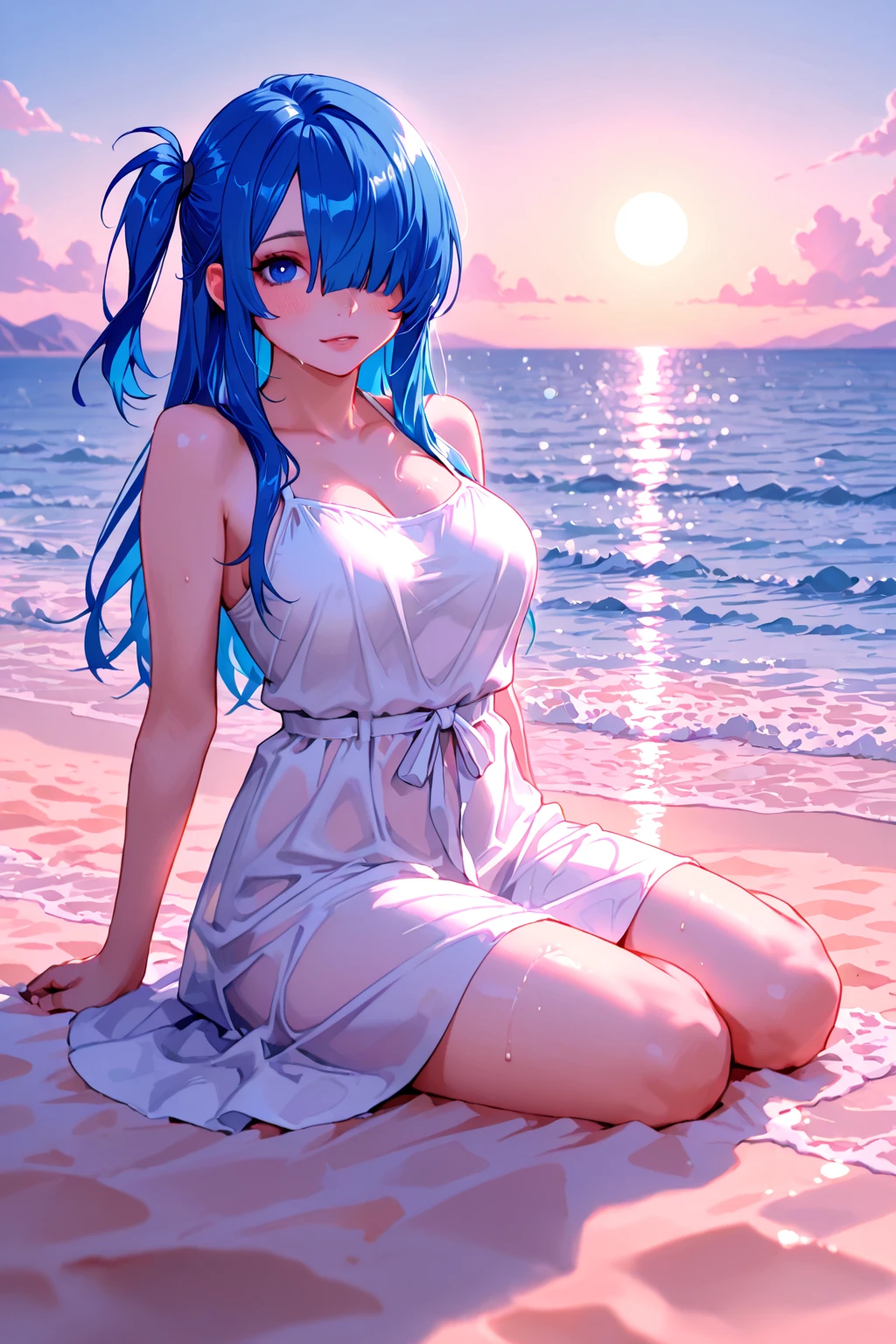 anime girl with light blue hair, Hair in a delicate blue tone, long hair, purple eyes, pony tail hair, revealing swim dress, medium breats, mature factions, very aesthetic detail anime background japanese beach sunrise