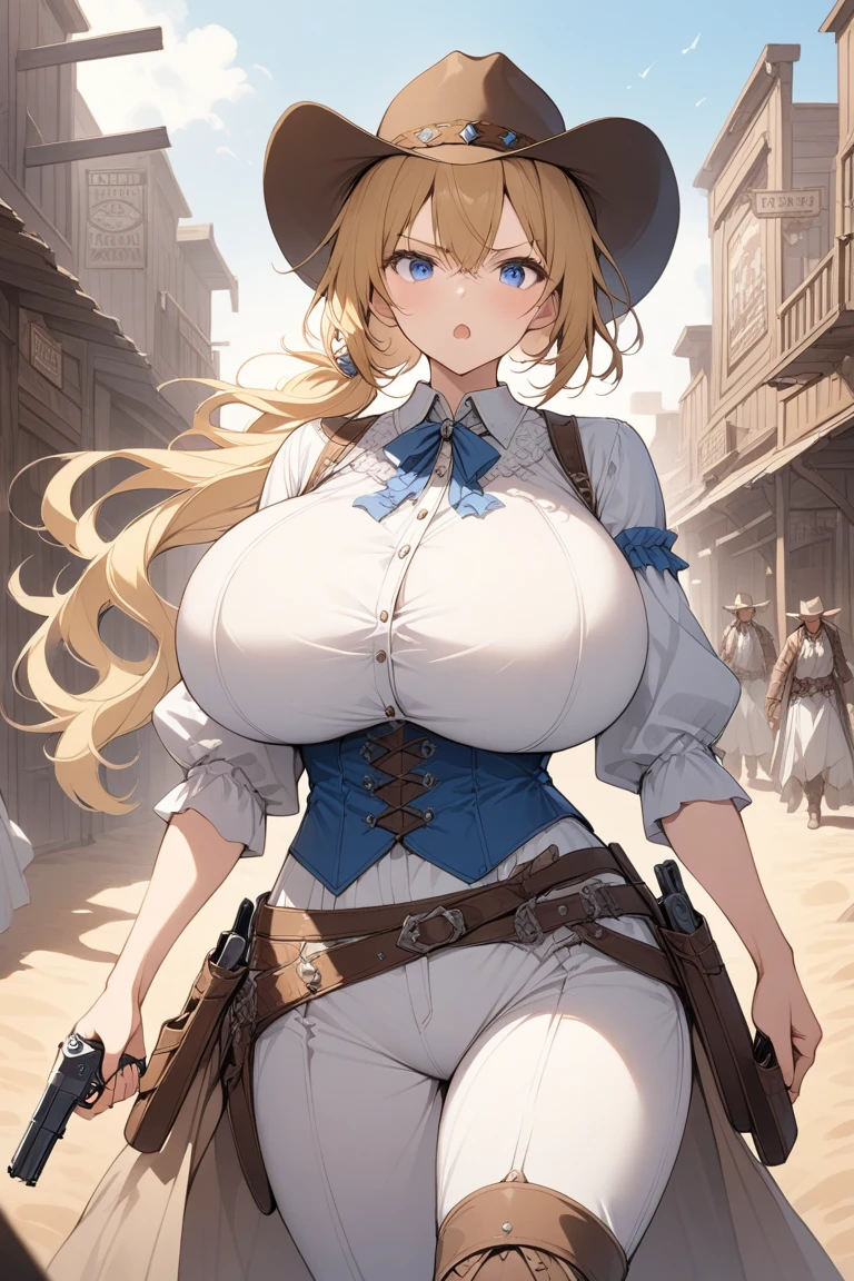 (Best quality, dynamic lighting, highly detailed, HDR) Sexy blonde girl, blue eyes, sharp eyes, confident grin, armpit, cleavage, toned abdomen, sleeveless, cowboy hat, Brown sleeveless vest, cowboy boots, cowboy gloves, sexy hips, sexy thighs, hands handcuffed above head, surrounded by black men, wild west background.