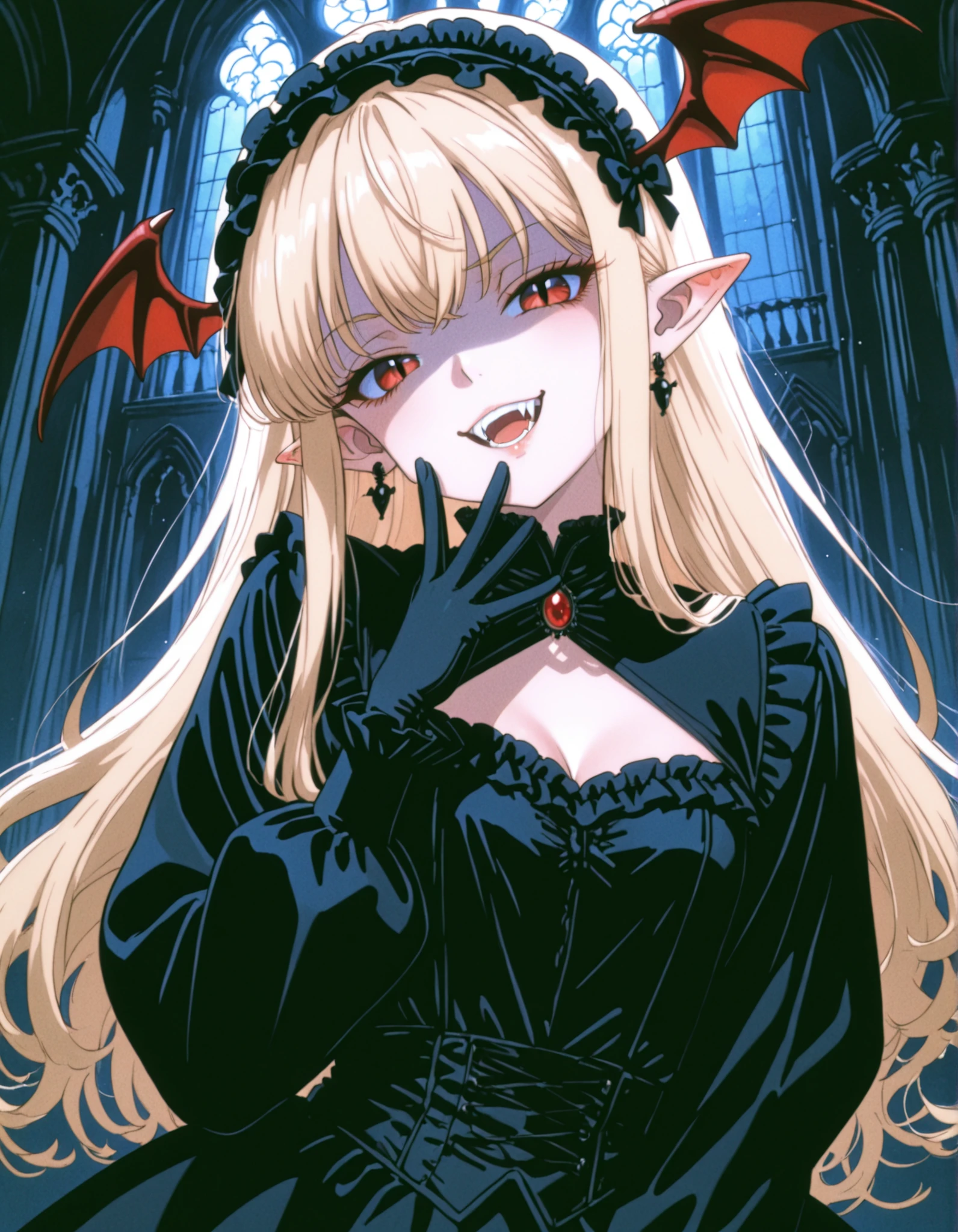 90s_melancholy, retro,,, VaniVampy, vampy, vampire girl, 1girl, solo, very long blonde hair, bangs, red eyes, head wings, pointy ears, fangs, slit pupils, black dress, gothic, long sleeves, frills, frilled dress, puffy long sleeves, hairband, hair bow, black earrings, cleavage cutout, black capelet, silk, fine fabric emphasis, shaded face, smug, mesugaki, head tilt, teeth, black gloves, gothic architecture, BREAK A young vampire girl in a gothic castle,