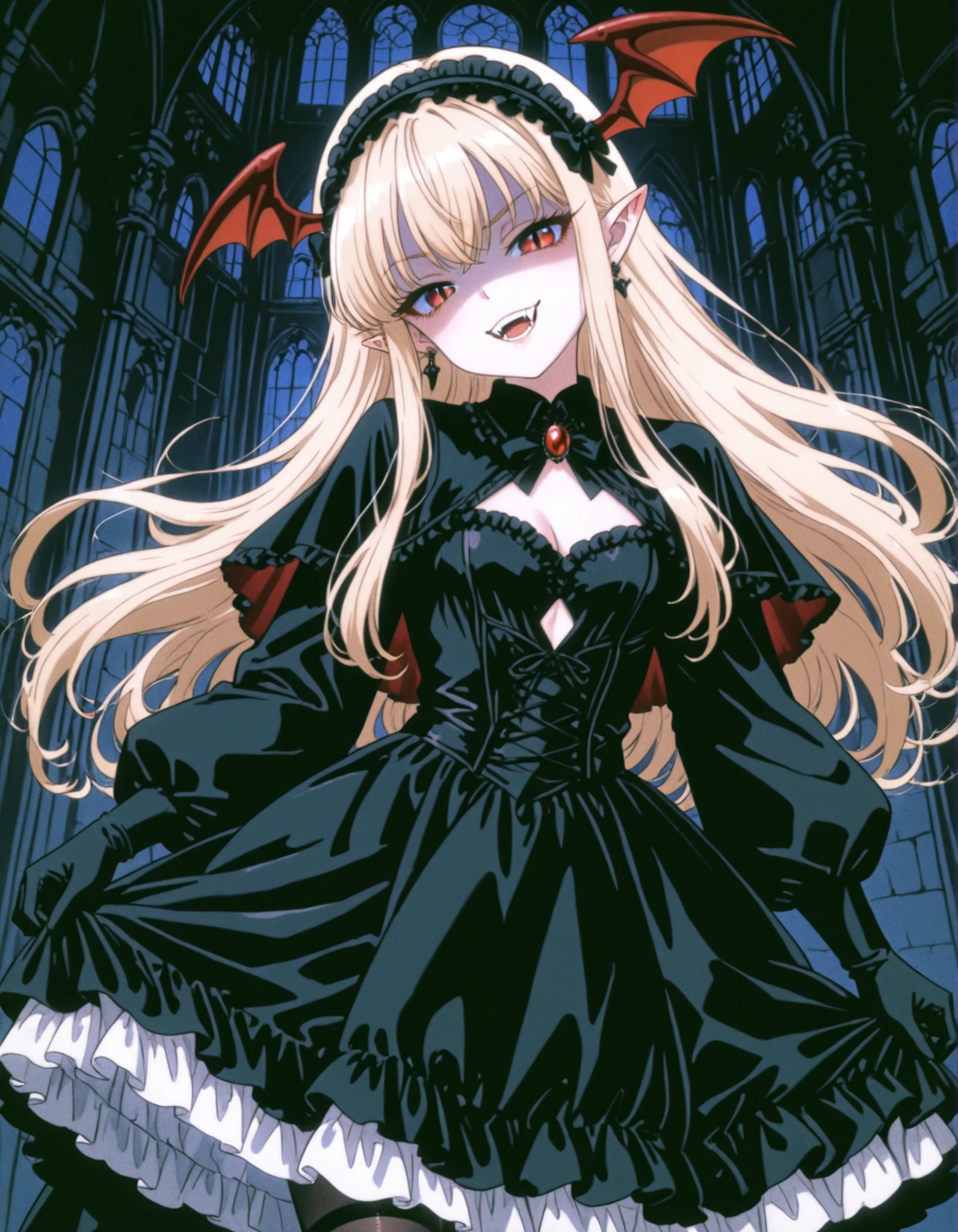 90s_melancholy, retro,,, VaniVampy, vampy, vampire girl, 1girl, solo, very long blonde hair, bangs, red eyes, head wings, pointy ears, fangs, slit pupils, black dress, gothic, long sleeves, frills, frilled dress, puffy long sleeves, hairband, hair bow, black earrings, cleavage cutout, black capelet, silk, fine fabric emphasis, shaded face, smug, mesugaki, head tilt, teeth, black gloves, gothic architecture, BREAK A young vampire girl in a gothic castle,