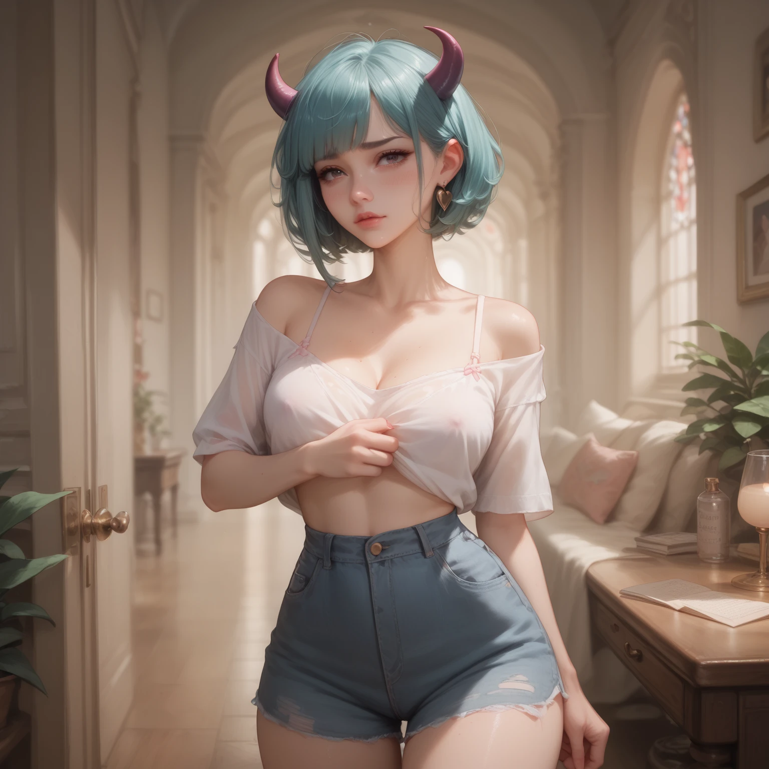 Pink hayrstyle,sexy ,short hair ,horns,big breasts ,big ass,black bra,white skirt,cute face,has a spiked braceled ,has a colarbone,cum
