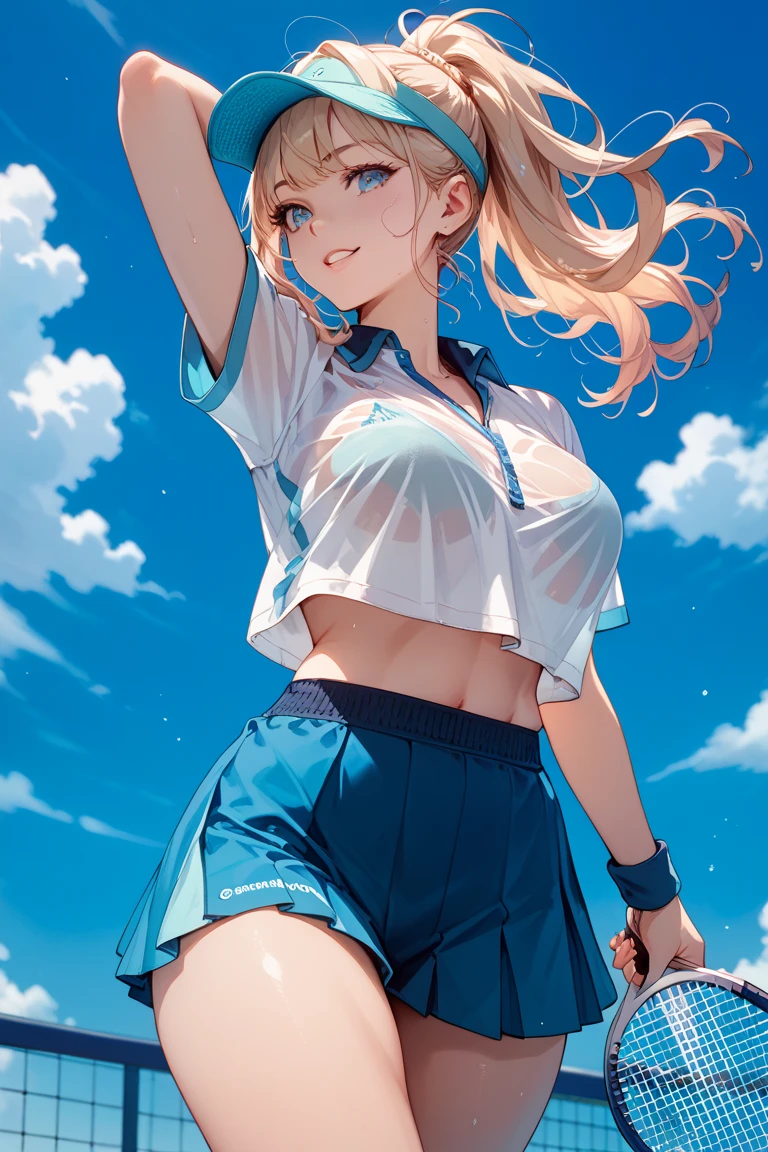 of the highest quality、masutepiece、ultra-detailliert、1womanl、Solo、25-years old、(Upper body)、(underboob:1.5)、(whiteshirt lift:1.3)、(Lens Flare:1.4)、(Funny smile 1.5),red blush、(Platinum blonde short hair:1.4)、(low twintails:1.4)、Shiny hair、medium breasts、(Deep Blue Eyes:1.4)、grass field、Small necklace、Small earrings、(Sportsbra:1.5)