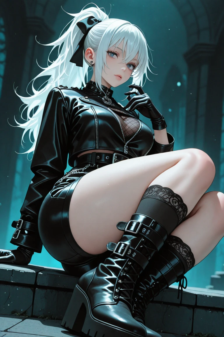 anime - style illustration of a woman with white hair and a black top, a character portrait inspired by Ross Tran, trending on Artstation, gothic art, ross tran style, rossdraws 1. 0, rossdraws 2. 5, artgerm and rossdraws, rossdraws 2. 0, :: rossdraws, neoartcore and charlie bowater, stocking suspenders, leg on leg, sitting on the hood car, neon light, Toyota supra, dark car, sexy outfit