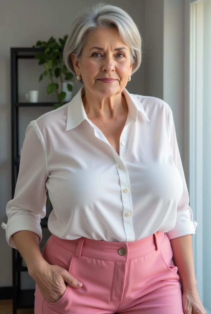 Realistic portrait of mature woman, 60 years old, casual grey hair, Photorealistic, elegant patterned red blouse, full body, highly detailed, 8k, beautiful ,perfect face, grayblondehair, curvy body, masterpiece and beautiful face, detailed eyes, 4k, 8K, high detailed, high-res and elegant, walking at the street, New Zealand background views, outdoor