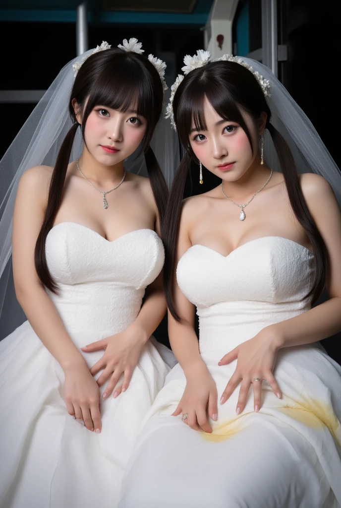 Brides Ayana and Mika、A gorgeous, voluminous wedding dress、Super fat、Big Breasts、Big Ass、Super long straight black hair、Small private room、Sitting on the toilet