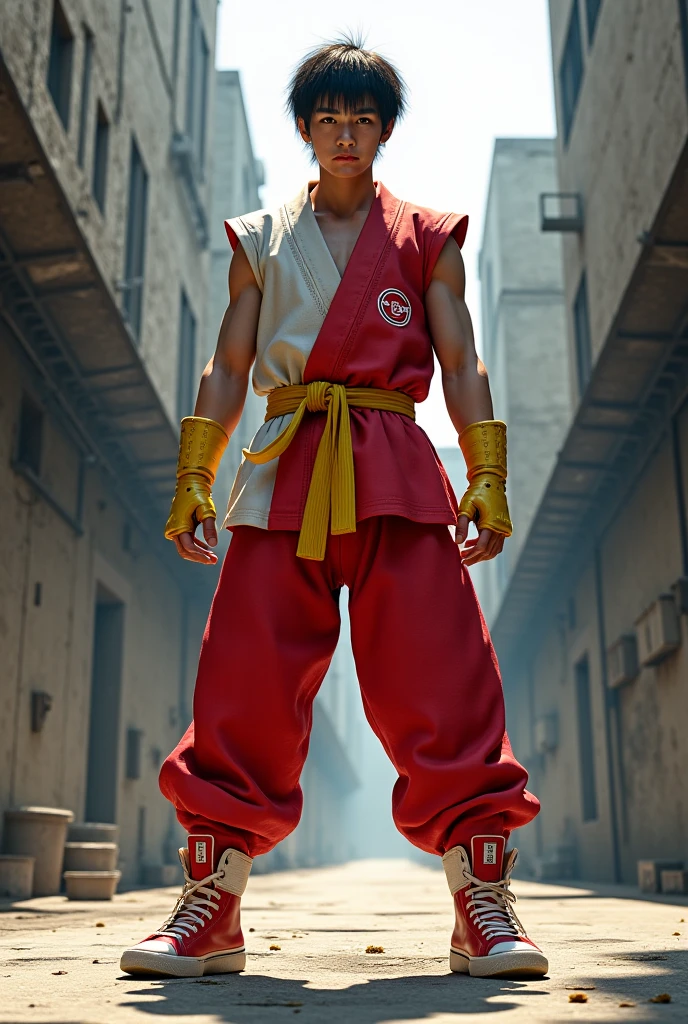 an american, red wear, yellow hair, make victory gesture, black belt