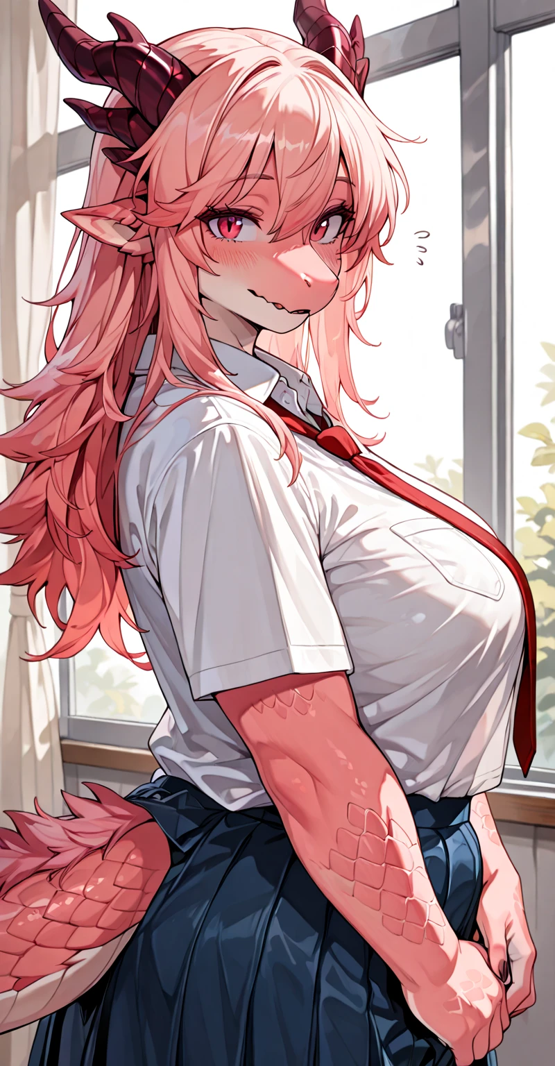 masterpiece, best quality, power, looking at viewer, orange hair, red eyes color, large breasts, upper body, portrait, looking at viewer, seductive smile,both hands raised, armpits, armpits visible, sweaty armpits,