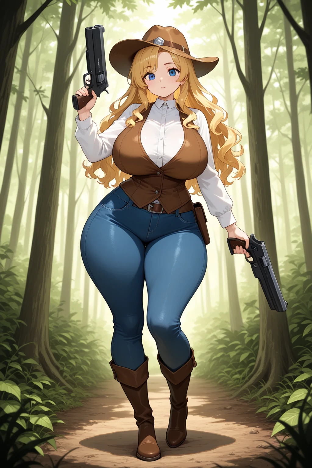 ((Best Quality)), ((masterpiece)), (detailed) 1 girl,short tight black t-shirt,fitted shorts,Tool Belt,short leather fingerless gloves,call of duty clothing style,tanned brown skin,medium long curly blonde hair,long eyelashes,big breasts,chubby,plump,wide hips,short stature,perspective from below,smiling,forest at night,