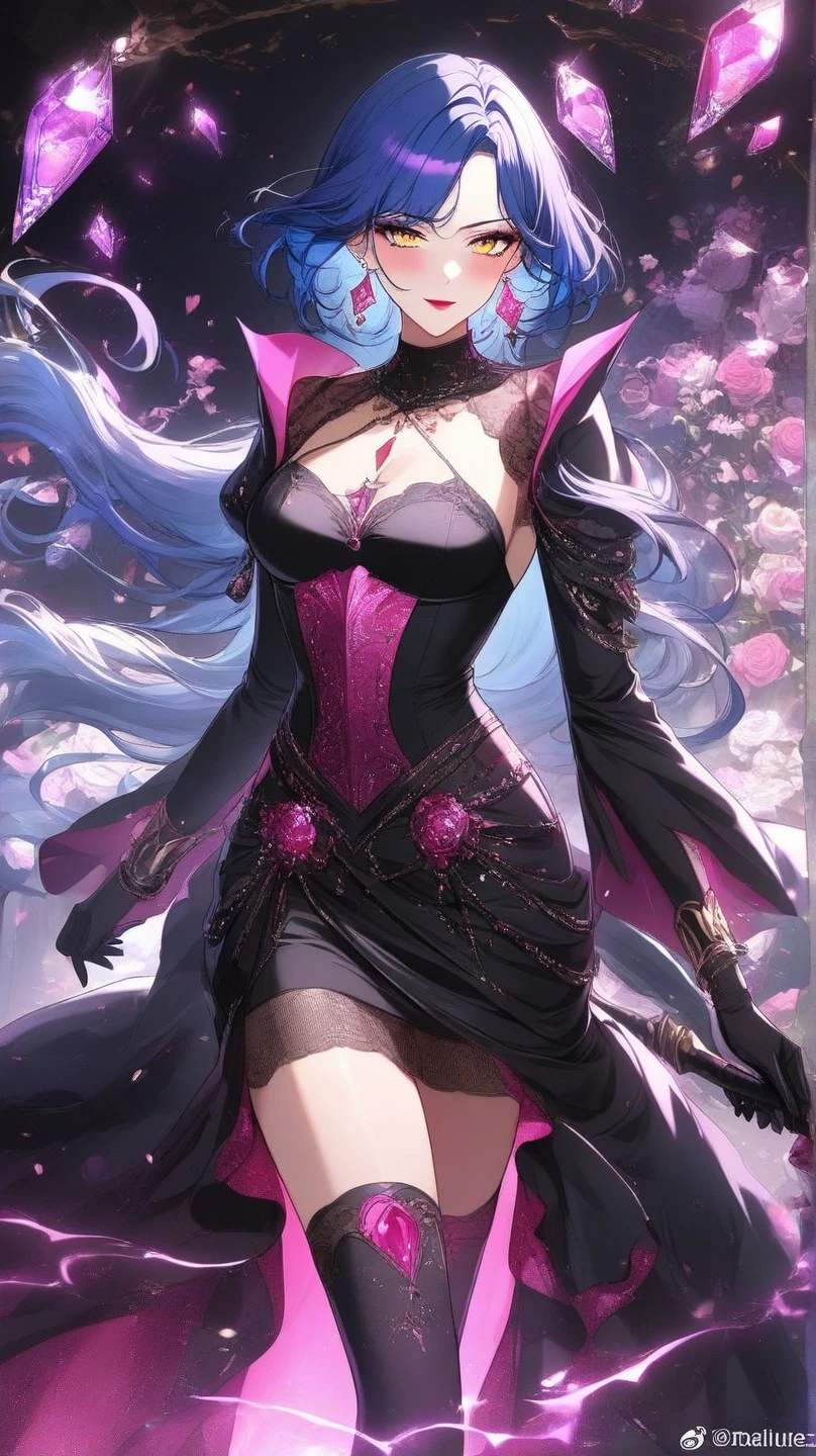 ((masterpiece,best quality)), absurdres,
Black_Lady_Sailor_Moon,
solo, smiling, looking at viewer, cowboy shot,
cinematic composition, dynamic pose,((masterpiece,best quality)),(Highest_quality:1.0), 超High resolution,4k,Super detailed, photo shoot, 8K, HDR, High resolution,looking at viewer,evil smirk,latex,thighhigh boots,(illustration:1.3),(extremely detailed:1.3),(highly detailed:1.2),(best quality:1.2),(masterpiece:1.2),(extremely detailed 8K wallpaper:1.2),(highres:1.3),(photorealistic:1.1),black and purple background