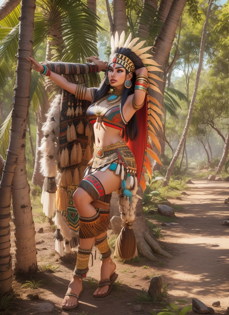 Beautiful Cherokee Indian woman with beautiful terracotta colored headdresses, blackw, doradas, cobre, Pearl, white and beige, feathers made of bright neon of various colors, flares on camera, bokeh, full moon night