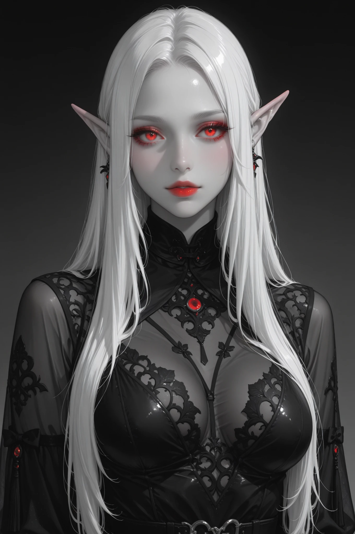 A dark elf (cute woman, pale white skin, large pointy ears, blood red eyes, large evil tattoos, sheer black lingerie), she is studying the glyphs in her summoning chamber, show all of her