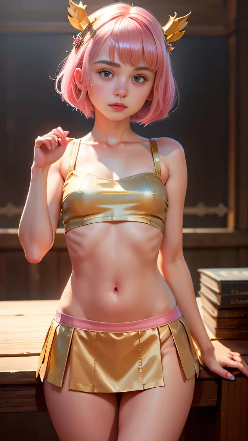 18 year old beautiful girl, masterpiece, best quality, 8K animation, detailed fingers, precise fingers, not unnatural hands, illustration, 1 girl, solo, pink bob cut, gold crown, flower hair ornament, sagging eyes, red mini skirt, YUI