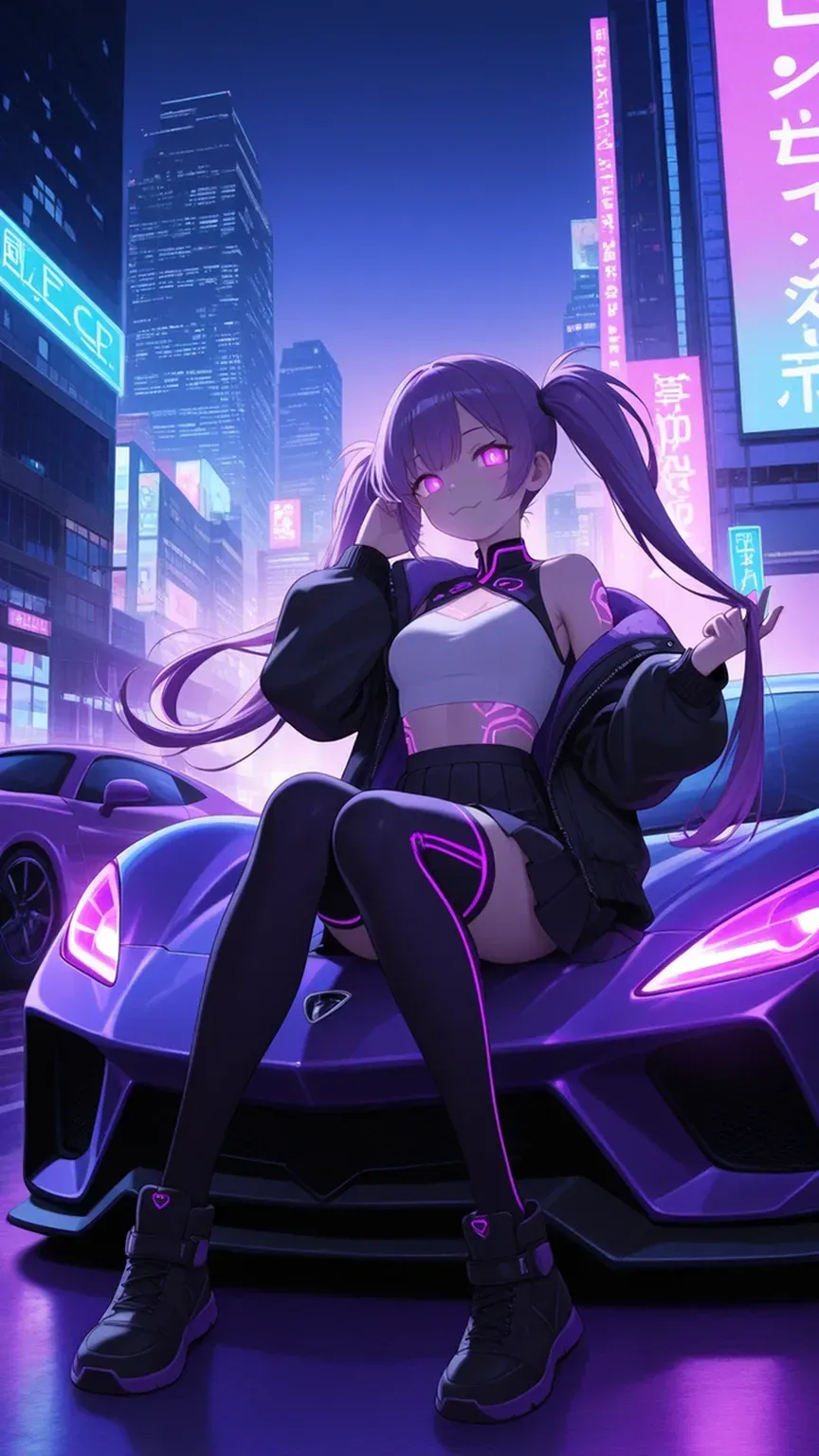 (masterpiece, best quality, chromatic aberration), 1girl, solo, long hair, ponytail, demon horns, horns, cyperpunk vibes, synthwave, city scrapper, night, neon, neon light, RTX, post processing, depth of field, sitting on a car