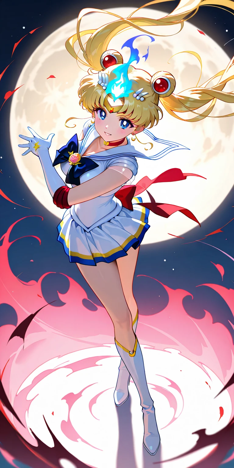 masterpiece, best quality, (1girl), supersailormoon, detailed face, smile, nigh sky, moonlight, moon, sakura trees, white gloves, detailed eyes, detailed face, fullbody, galazy background, gigantic breasts, giga_busty, front view from below