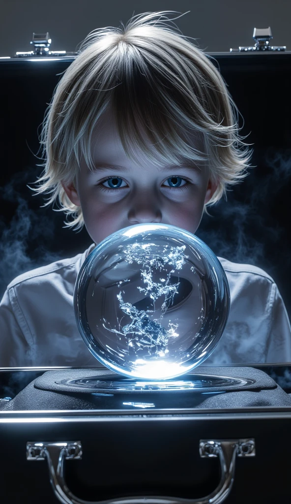 14 YEAR OLD CHILD GIRL WITH SUNGLASSES, WITH PLATINUM HAIR WITH LONG BUN, holding a blue ball in her hands with smoke enveloped by lightning and a dark transparent blue, super realistic coming out of it,.crystal ball, holding a crystal ball.