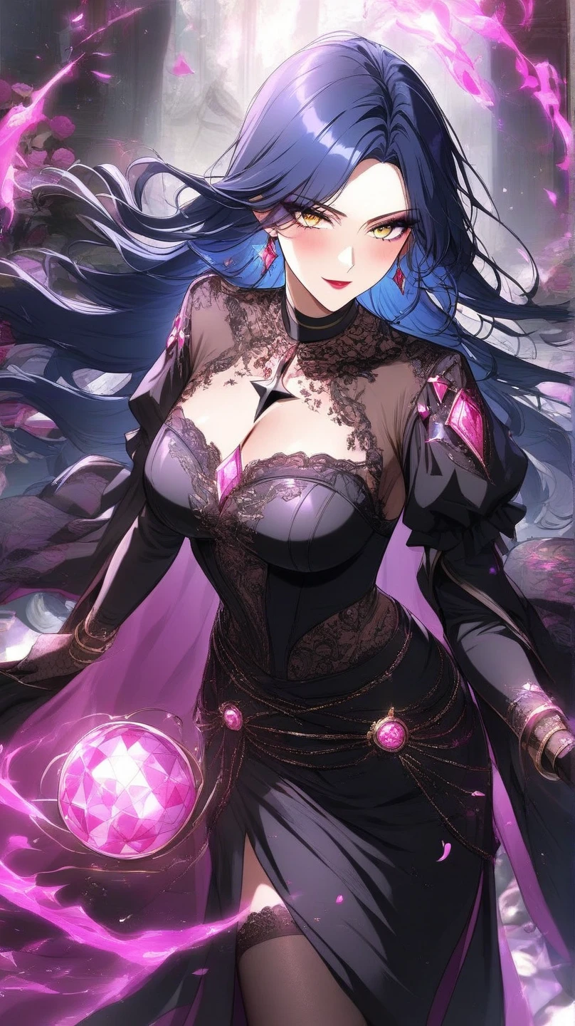 Machine normal body,close up,The world of dreams,Dragon Queen, Purple black short hair bun,head chain首饰,(head chain,Redlip),A pair of dragon horns,A pair of huge broken dragon wings,Armored tights,Black stocking legs,Armed with a large axe,humanoid creature, (Burning volcano background), Her skin is very white, White complexion,red eyes,Tie up dark purple short hair, two longer legs,black suspenders stockings,heeled sandals,nail art,Tattoos are,