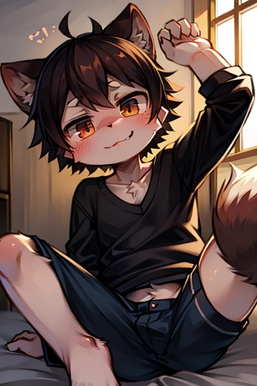 Best quality, 4K, Kemoshota, dynamic angle, kindergarten boy, mascot boy, short height boy, best quality, highres, ultra-detailed,a
realistic prompt, furry kemono boy, naked, dark night, ruined school, close-up, small phimosis, foreskin, horror atmosphere, distorted smile, horrible looks, tries to assault other boys, night time, crawling, precum