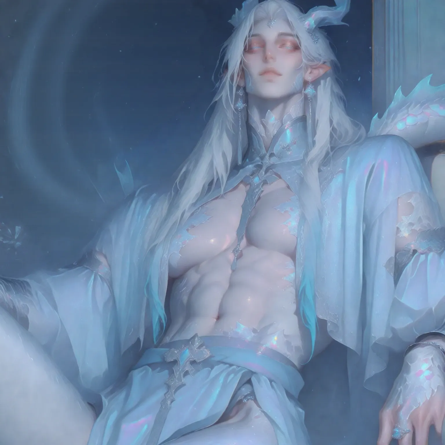 (masterpiece, best quality, 4k, hyperrealistic, dreamlike, Dark Souls:1.35), (pale albino ageless immortal weak slender androgynous male parasitic impotent god with claws fangs long hair beautiful eyes flat chest male crotch bulge weak stomach and groin pain, your lover:1.5)