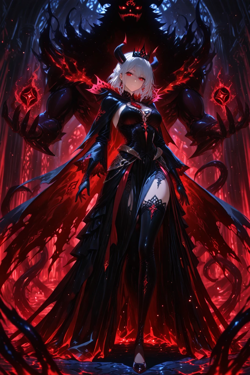female, silver long hair with black highlights, red eyes, (((1girl))), (((black gothic coat with red spiders))), arachne, spider legs, cute and sexy, full body, large breasts