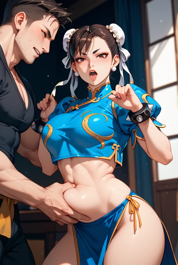  One girl, Chunli, Stance for battle, He raised his fist., (((Brown hair in twin buns))), (((Ribbon in hair))), (((Blue Chinese Dress))), (((Brown pantyhose))), Big Breasts, Big muscular thighs, Perfect body, Sweat, Spike bracelets on both wrists, Abdominal muscles, Chunli, mirror, Thin thighs, 硬いNipples, Thick eyebrows, Tight buttock muscles, Waist, Center of chest, Brown pantyhose, sexy, Raw work,whole body写真, Red lipstick, Black eye mascara, (whole body:1.2),( On the body:1.4),(Semen on clothes:1.4),Nipples,The chest comes out,Spread your,, Highest quality,masterpiece,High resolution,Official Art,Highly detailed CG Unity 8k wallpaper、(Crazy behavior:1.8)、((Black Garter Stockings 2))、((Do not wear shoes))、((Show me the soles of your feet 1.5))、Toe angle、Legs wide open、Breathless face、Burst chest、Beautiful Face、(Having sex with multiple people)、(数人の男が彼女のGrab your chestいる.)、There are a lot of guys around her、Grab your chest、とても濡れてSweatをかいている、facial 、Large amount of splatter、