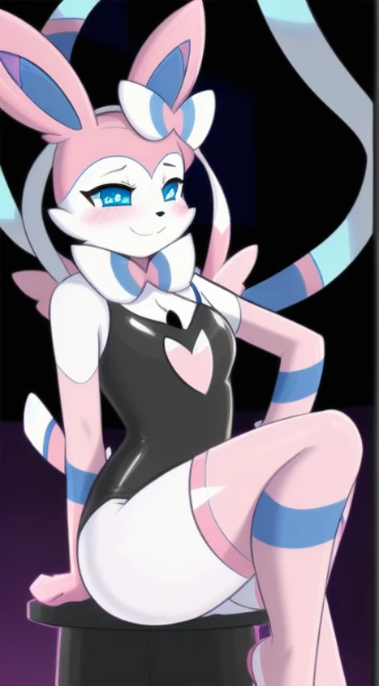 A Sylveon Pokemon with a unique and diverse appearance, its fur and features taking on a punk-inspired style with a touch of emo. Its dark and brooding expression is contrasted by the bright neon lights that surround it, creating a visually striking image.
vista trasera, anus, pussy