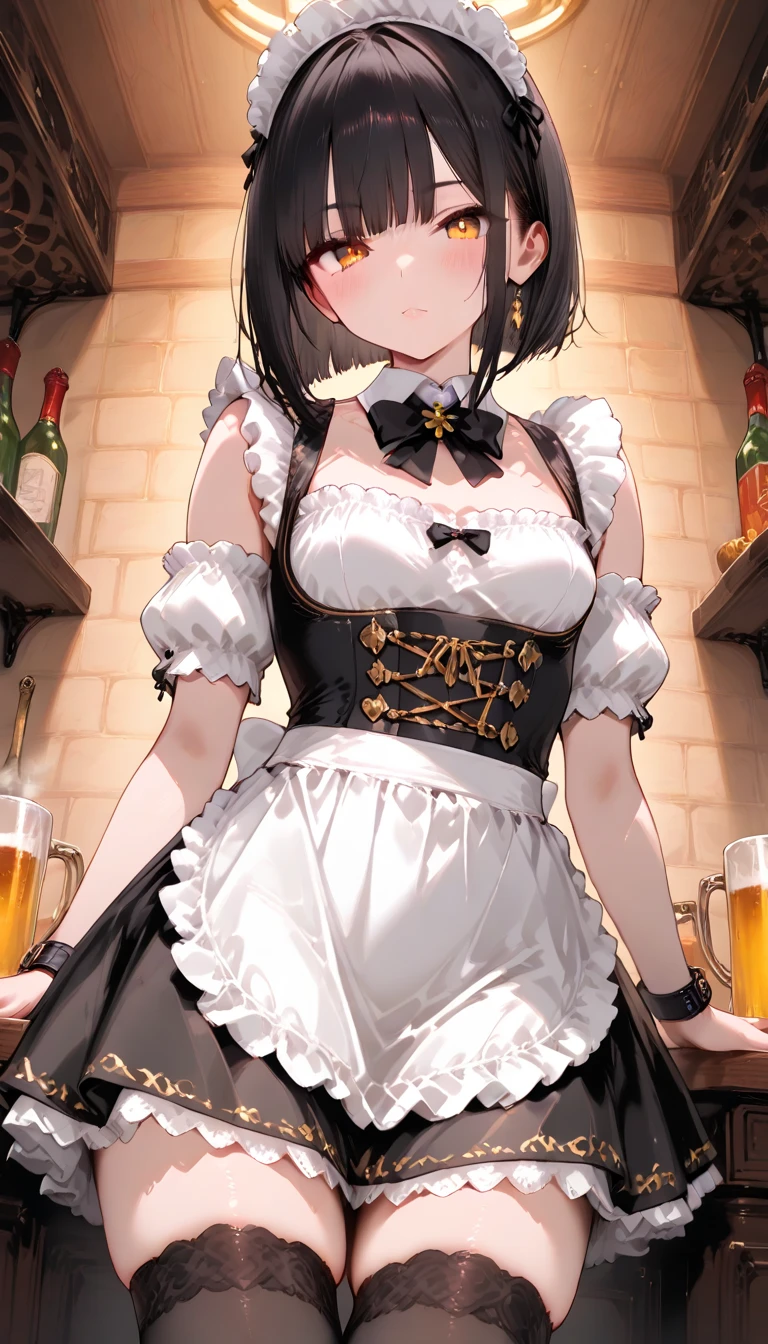 Anime, high resolution, medieval town, bar, 2b (nier automata), ((blindfolded)),medium breasts, (dirndl), waitress, (big beer mug in both hands), front view, lean forward, 1 girl, smile, (best quality), super detailed, bare nipples, puffy nipples, upper body