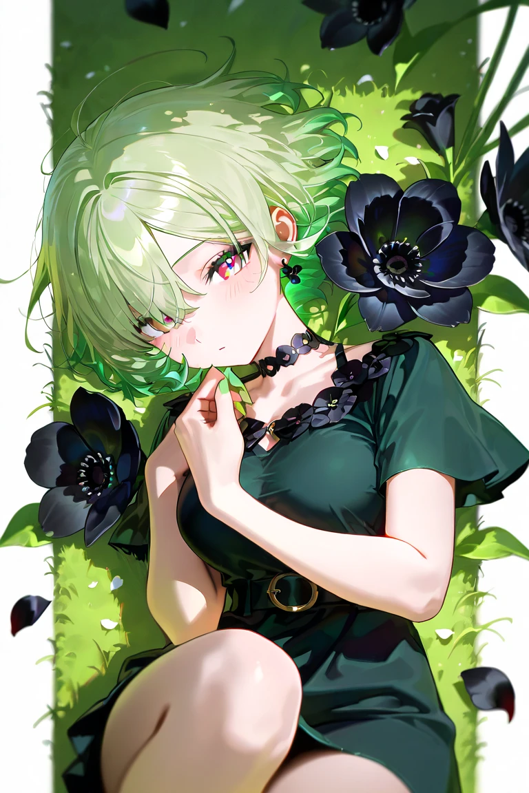 best quality,finely detailed beautiful eyes and detailed face,high quality, masterpiece, 1girl, solo,from front, looking at viewer,flower garden, cowboy shot, short hair, floating hair, (hair slicked side:1.4), (dark green hair:1.5), eye shadow, blank stare, long eyelashes, (brown mascara:1.0), (dark green eyes), (smiling face), closed mouth, (small mouth),medium breast,(small head),(black dress:1.3), cleavage cutout, lace trim, short sleeves, shurg, turtleneck