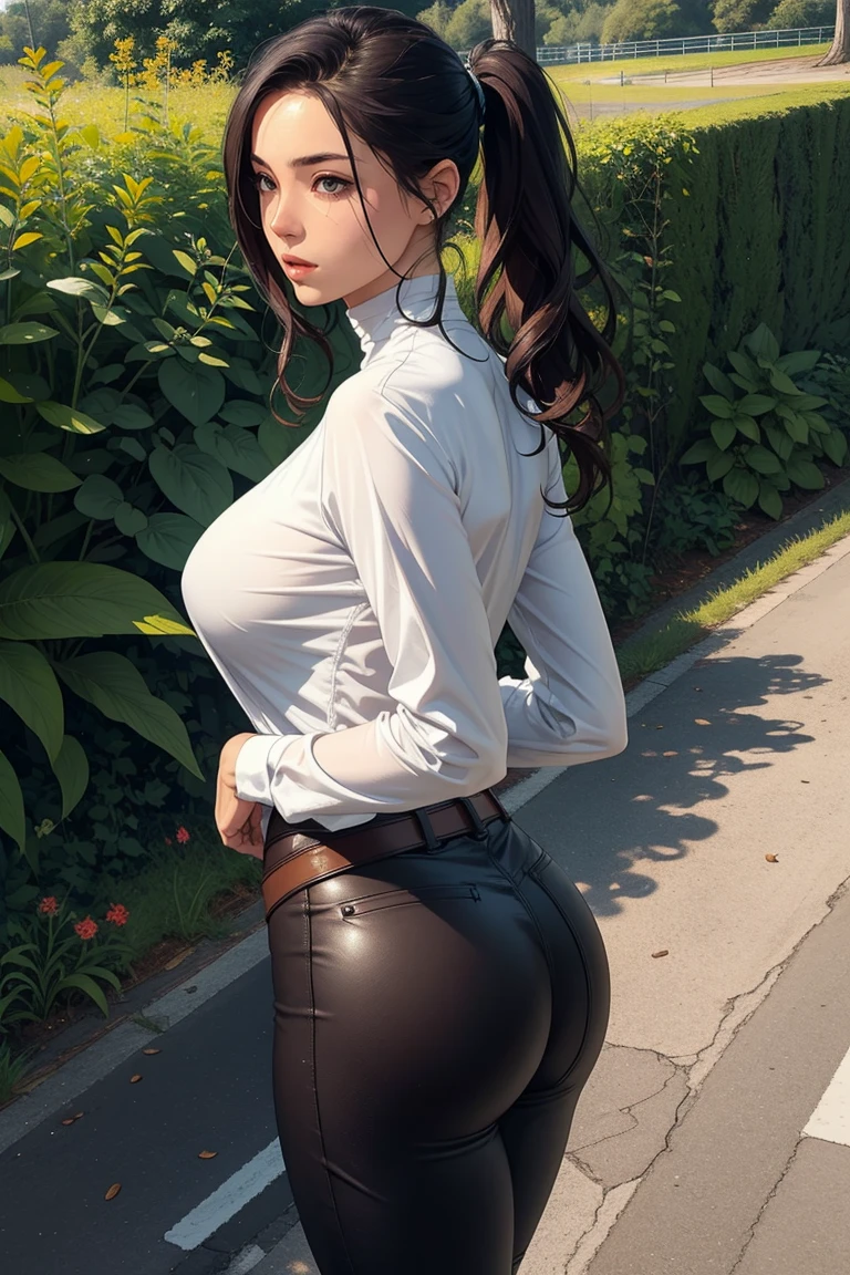 Masterpiece, high quality full length portrait of 1 woman (maduro)) YOUNG), choker:1.6, Long sleeve white buttoned shirt, shiny black leggings, beautiful thin face, detailed face, long hair, (black hair), BIG BREASTS, pale and light skin, detailed eyes, blue eyes, shy expression, set in a background inside a cabin, evening, view from behind, perfect ass
