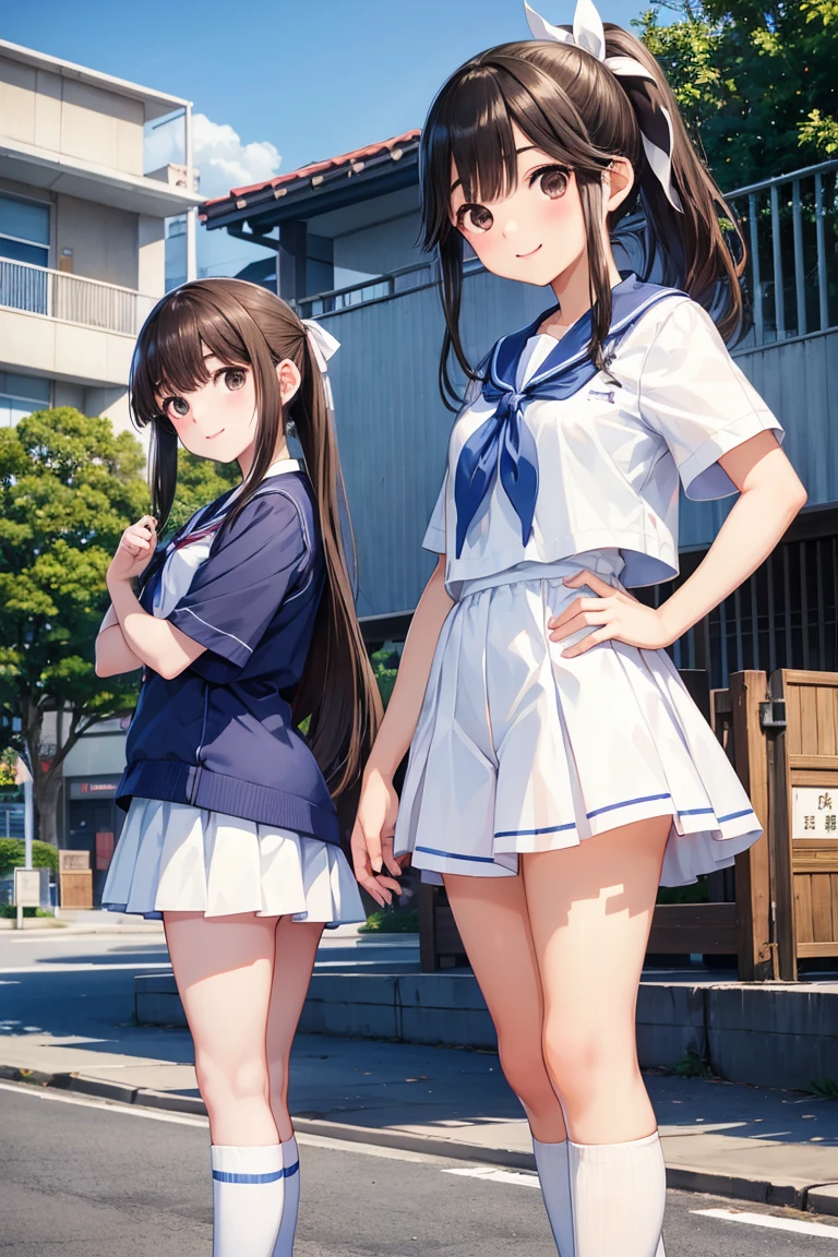 Multiple Girls, (masterpiece:1.8),(Highest quality:1.8),(Very detailed:1.8),(8k:1.8),(Ultra-fine Illustration:1.3),Random Hairstyles,Flat Chest,Sailor suit,Butt,(Frills,Bloomers:1.4),(Pose with a smile:1.5),running,(Full body angle),, Gymnastics
