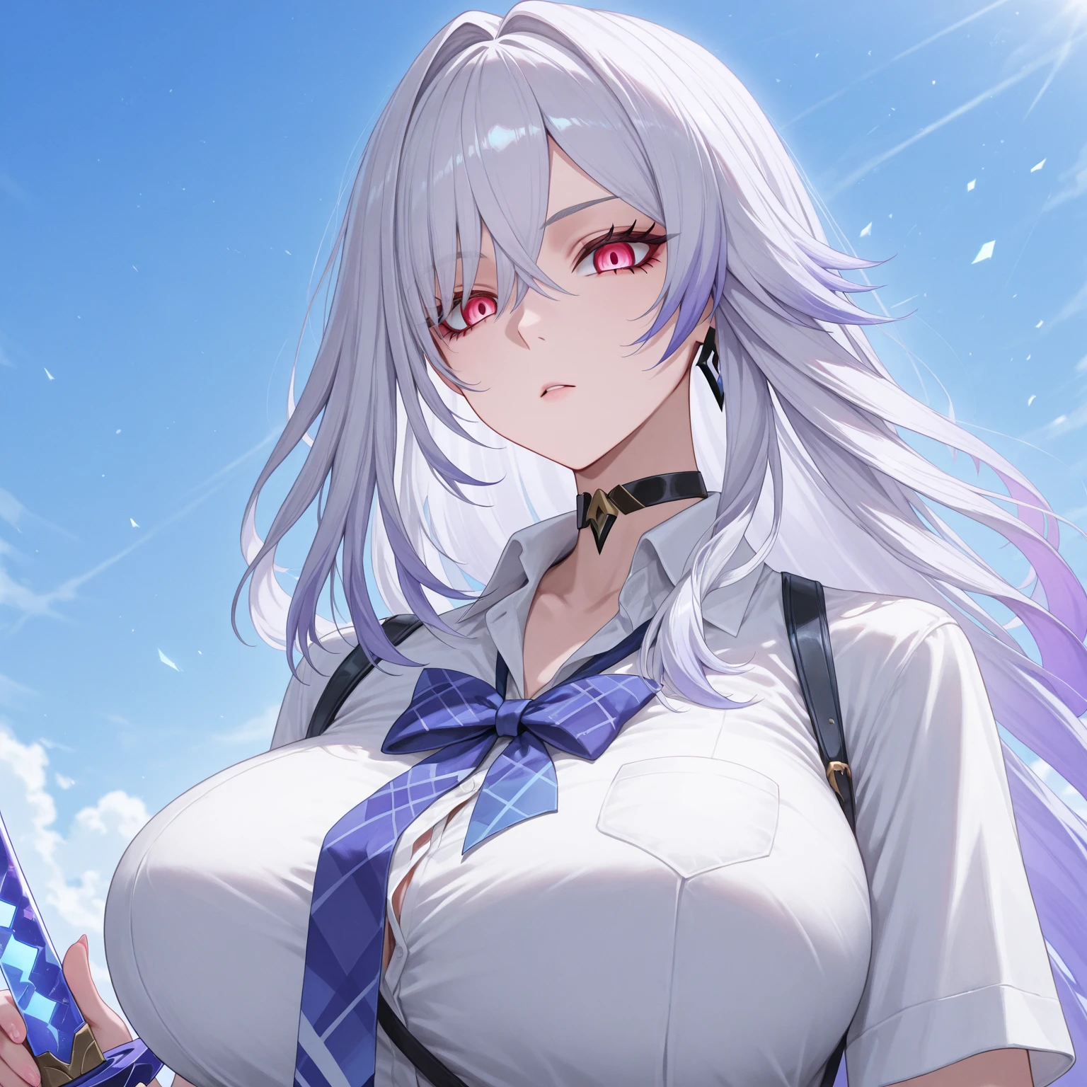 a woman of incomparable beauty, with medium-length violet hair, which has highlights in lighter tones and slightly wavy ends facing inwards. She has a small scar on her forehead, almost imperceptible, but which adds a touch of mystery to her appearance. His eyes are an intense violet, with a mixture of blue, slightly slanted and very expressive. The red cat eyeliner highlights his penetrating gaze even more and refers to his ability to hemokinesis. Her skin is pale, reflecting her icy power, with a subtle glow that makes her ethereal. Near the corner of one of her eyes, she has a small mole, a detail that accentuates her natural charm. Her lips are pink and well defined. She wears tight black leather clothing with subtle patterns of intertwined veins on the gloves and boots, symbolizing her control over blood. A belt on his belt indicates his affiliation with a secret organization. Around her neck, she wears a necklace with a crystal wolf insignia, which glows dimly when she activates her powers. His posture is impeccable, conveying confidence and power, as he combines beauty and lethality in his striking presence.