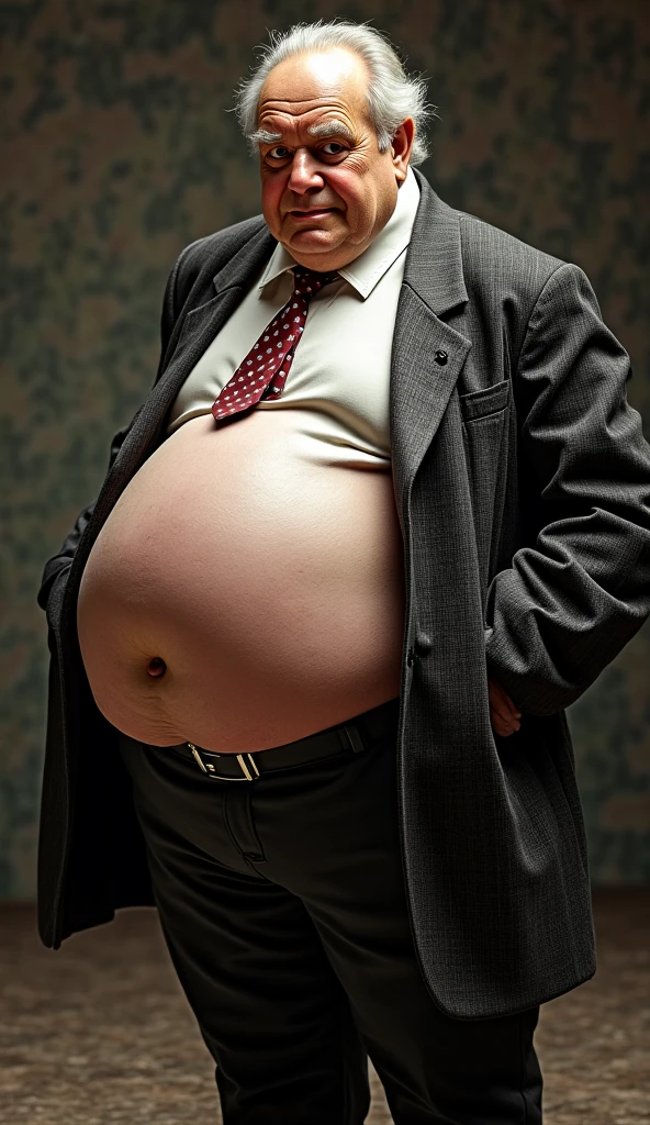 creates the image of a mature man of about 60 years old, short gray hair, He wears a suit and tie, and he has a very large, long, thick, erect penis, he is without pants and without underwear