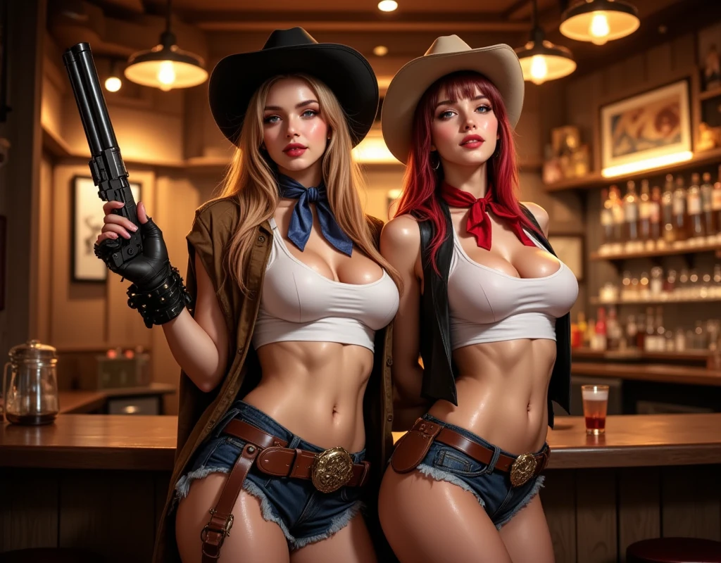 (((depcit very young girl))), (((elegant cowgirl))), sexy, blond hair, long hair, straight hair, cowby hat, (wearing leather cowboy clothes), topless, ( leather revolvers belt), (revolver), open legs, spread legs, brown eyes, thin , ((small breasts)), (nice hips), open shoulders, (sassy), (Masterpiece, Excellent, complex details), delicate girl, delicate face, back arched, pretty, sunny desert, a western atmosphere