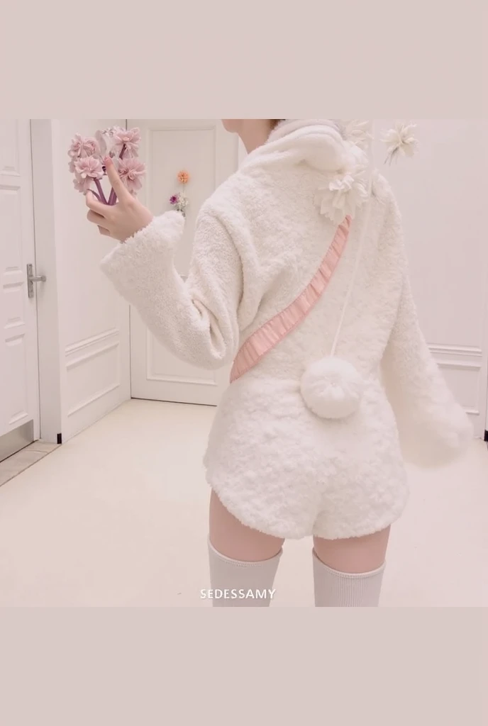 Araffe vestindo um terno de coelho branco com orelhas rosa e uma camisa branca, terno de coelho, ultrarrealista doce coelhinho menina, vestindo um terno de coelho, female furry mini cute style, with long floppy rabbit ears, coelhinho menina, designed for cozy aesthetics!, cute fumo plush bunny girl, Felpudo, coelhinho, vestido de fantasia, com orelhas de coelho, Produto eBay fofo, bathrobe