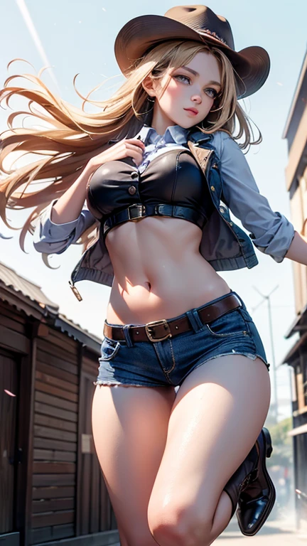 (tmasterpiece:1.4,best qualtiy),(Complicated details),Unity 8k壁纸,ultra - detailed,Beautiful and beautiful,Perfect litthing,(1girll),(Golden hair,黑The eye,Large breasts),dynamicposes,dynamic angle,lipsticks,Large breasts,detailedbackground,realisticlying,独奏,Perfect detailed face,Detailed eyes,highly detailed,Blushlush,hair adornments,ssmile,(Denim vests do not wear underwear,Expose your chest,exposing your navel:1.5),exposing your navel,(Super short skirt:1.5),Big breasts Thin waist,big assa,There are mountains and water in the background,(Very long hair,hair blown by wind:1.5),(Long wavy, curly,Long wavy),womanly,Dynamic angles and poses,Dutch angle