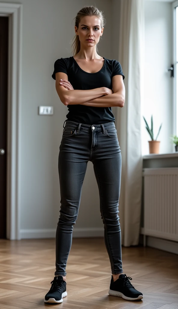there is a woman standing in a room with a wooden floor, a picture by Carey Morris, reddit, renaissance, fit pic, full body picture, dressed in a top and shorts, in shorts, wearing shorts and t shirt, outfit photo, full body wide shot, wearing black shorts, standing in a dimly lit room, gray shorts and black socks, large thighs