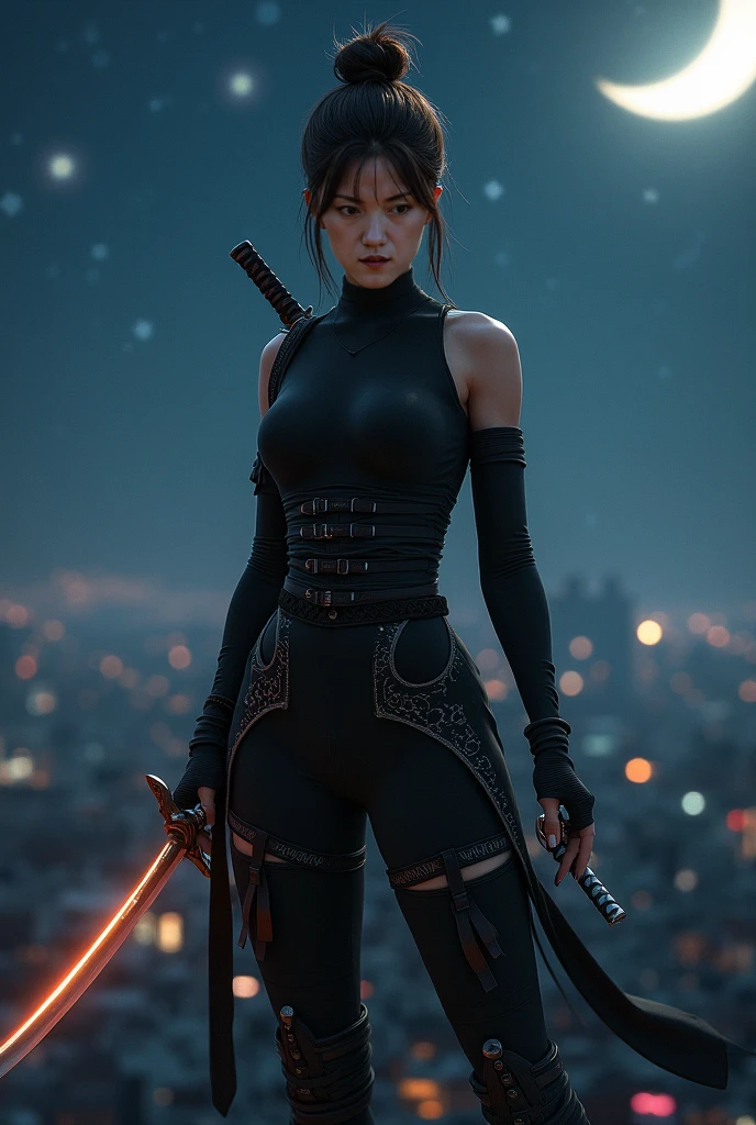Arafed woman in a black top and skirt holding a sword, very cute cyberpunk samurai, cyberpunk geisha, angry cyberpunk beautiful goddess, beautiful angry cyberpunk druid, cyberpunk samurai, katana zero video game character, portrait of a cyberpunk samurai, seductive cyberpunk dark fantasy, cyberpunk 2 0 y. The girl model, cyberpunk style, cyberpunk women, trend in cgsociety Asian cyberpunk woman with black top and wide red calsa black hair tiper in two buns. It has four cybernetic arms and two katanas sheathed at the waist. She looks bored