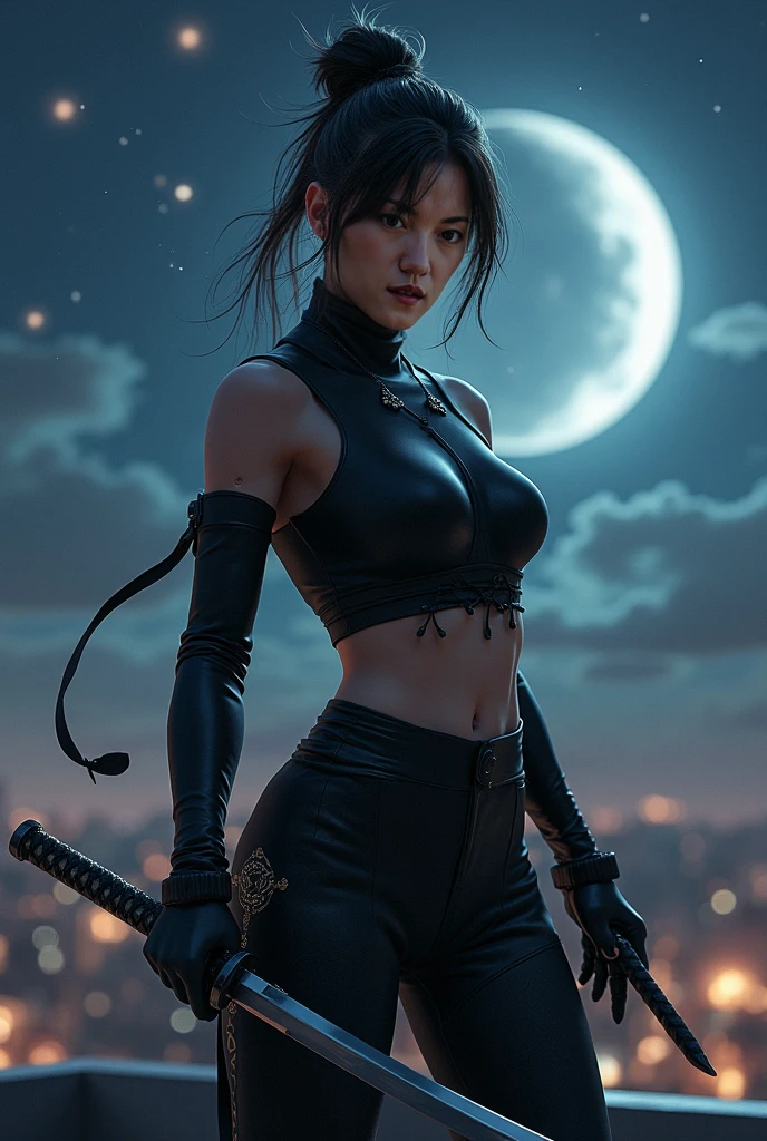 Highest quality, Realistic, Very detailed, finely, High resolution, 8k、Ninja、Tie your hair、Moonlight、fly in the sky、Double teeth、A face with dimples、Beautiful clavicle、Beautiful inner thighs、Delicate eyes、Facing forward、looking at the camera、Shuriken in the inner thigh、Torn clothes、With belly button piercing、smile