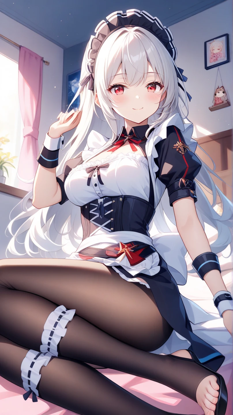 CG, Unity, 8k, wallpaper, highest quality, masterpiece, One girl, Cheerful girl, 17 years old, (Bright smile: 1.2), barefoot, Best lighting, Complex pupil, Complex weaving,Low - Angle,White Hair,Hair covering one eye,whole body,((White background))