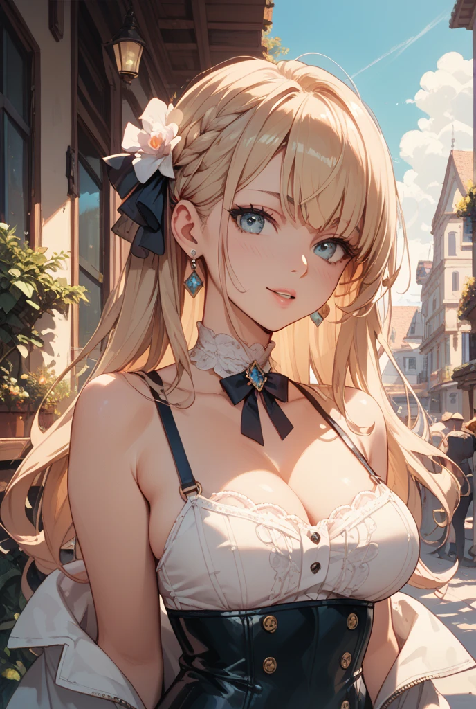 1woman,walking ,blue eyes, Beautiful makeup, long eyelashes,early in the morning,stunning,half body photo, very detailed face,cute,,HD face, perfect face,Short white dress, pink cardigan,very big breasts,Blonde hair,blonde hair,bangs,long hair, straight hair,ultra detail,ultra Hd, masterpiece,4k
