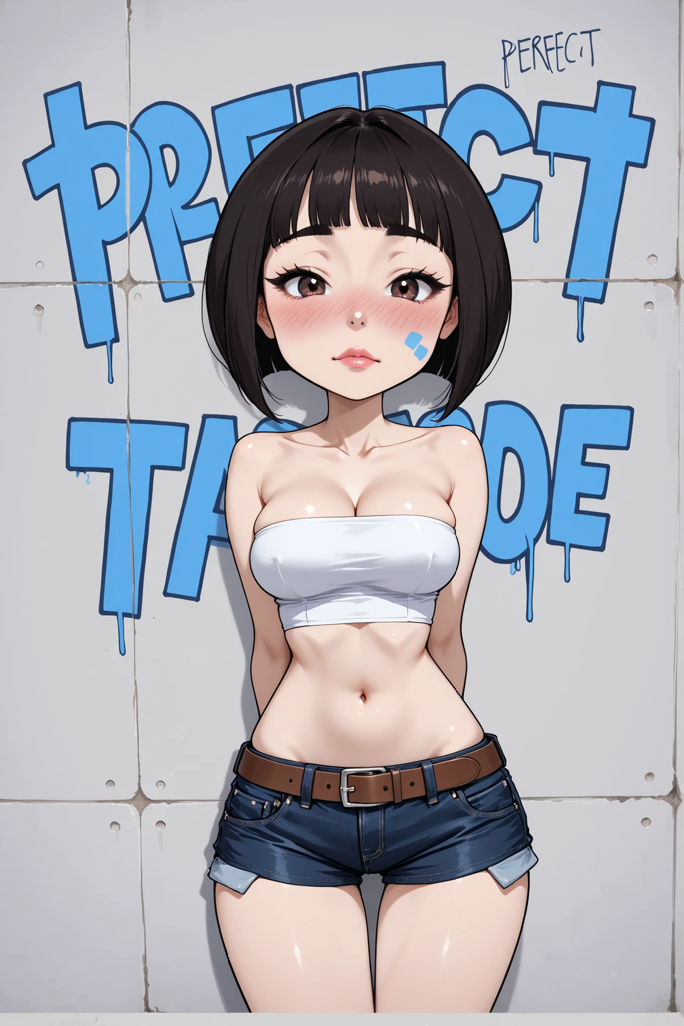(Perfect Face, Perfect Body), (Female Asian, Face Asian), Black Hair, Short Bob Hair, Black Thin Eyebrows, Dark Brown Eyes, Black Eyelashes, Black Eyeliners, Purple Eyeshadows, Nose, Blushing, Pink Lips, (Orgasmic Face), Collarbone, Cleavage, (Medium Breasts, Perfect Breasts), (Wearing A Tube Top, White Wearing A Tube Top), Navel, (Brown Belt, Short Shorts, Denim Jeans Short Shorts), Looking At Viewer, (White Wall With Graffiti Paint Name)