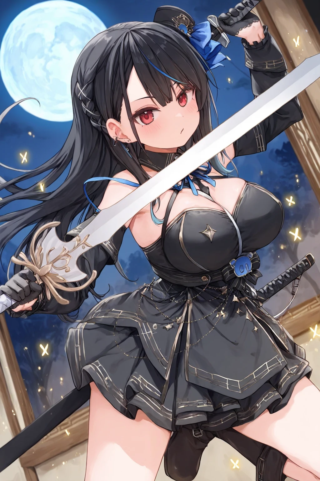 (masterpiece）,( 1 Girl) Beautiful woman,, Big Tits,, 美しKuストイックな女性戦士、Brandishing a Sword、Attack Motion、Serious expression、Oblique composition、KuTo the edge、at night、moonlight、Alley、Different world、One-handed sword、Dynamic composition、Dramatic composition、Ku(To the edge)