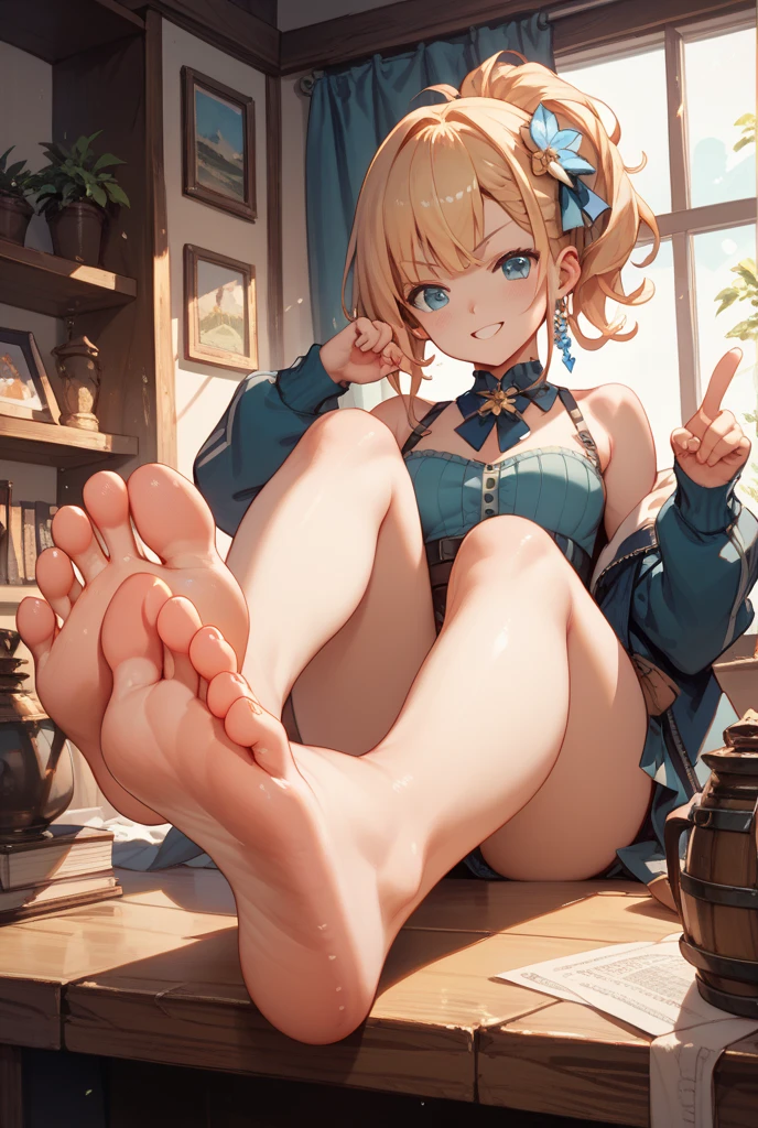 (giantess:1.1), a giantess looking down at tiny adventurers on the floor,(fantasy:1.1), legs, (commoner adventurer clothing), (barefoot), (closeup foot toenails), (indoors:), (furniture: 1.1), navel, cleavage, big breasts, (blonde hair yellow eyes messy hair double bun hairstyle), princess, princesses, huge stone castle bedroom