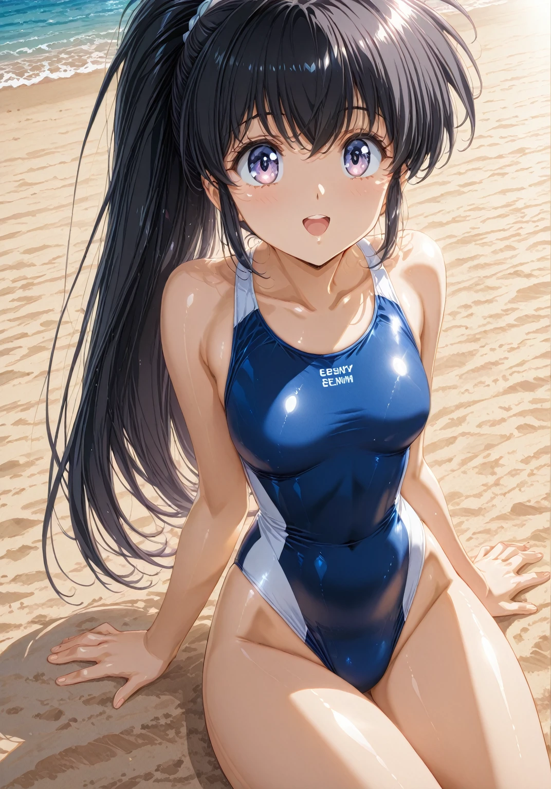 32k, best quality, ultra high res, HDR, UHD, extremely detailed CG, unity 32k wallpaper, very cute, 16-year-old girl, 1 person, Purple eyes, (Black competitive swimsuit), Beach, Long black hair, (medium breasts), Laugh shyly, sit, (Spread your legs wide), 
