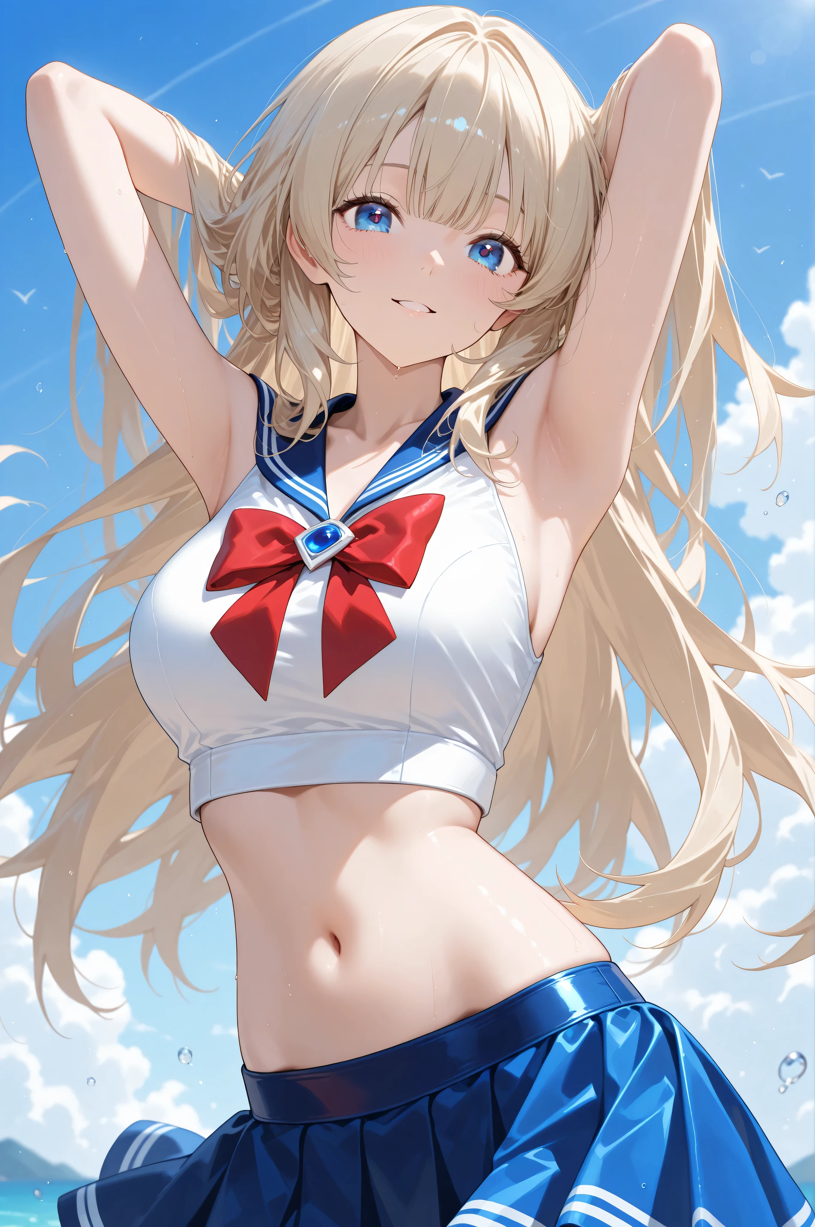 masterpiece, high definition, best quality, rendered art, well formed hands, fingers and body, 1 woman, solo, Lumine, adult, grown up, wearing Sailor Moon's outfit, big breasted, cleavage, full body, sexy sailor senshi uniform, short blue skirt, red boots, gorgeous hips, legs and thighs, white elbow gloves, sailor collar, tiara, earrings, dancing seductively and erotically, shaking her body, wind is lifting her skirt, smiling joyfully and brightly, looking at the viewer, flirting, beach environment 