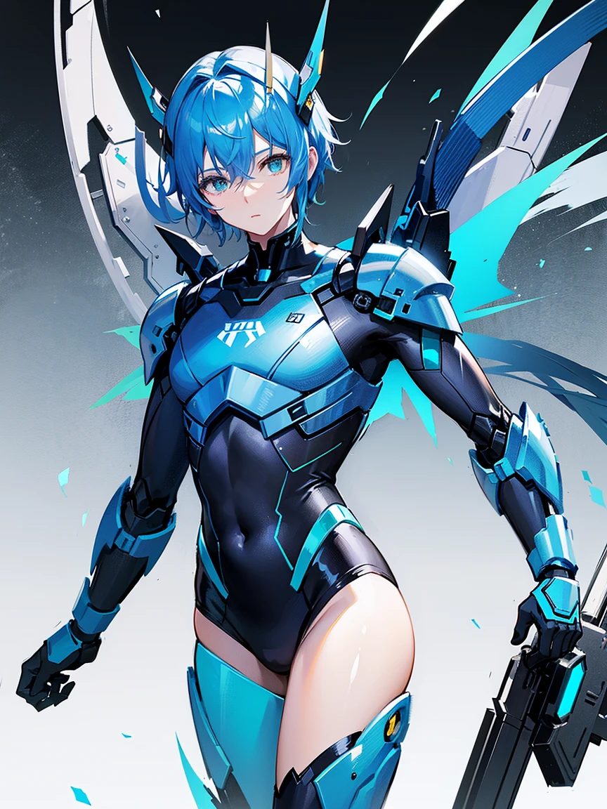 (girl), (solo), (short straight black hair), (futuristic blue clothes)