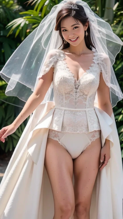 Full body view (full-length portrait of an 18-year-old female lifting skirt), (in wedding dress, intimate, detailed: 1.3), (panties: 1.3), (very detailed face: 1.4), (white background: 1.2), (8k, uhd, DSLR, high quality, cinematic lighting, bokeh), (dramatic, award-winning photography, incredible masterpiece: 1.3)